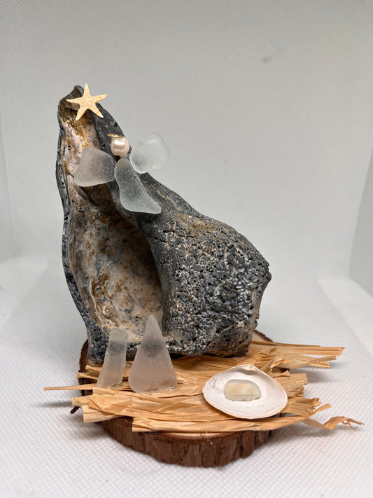 White/Clear Sea Glass Nativity Conch Shell Scene w/ Cultured Pearl Sculpture/Artwork