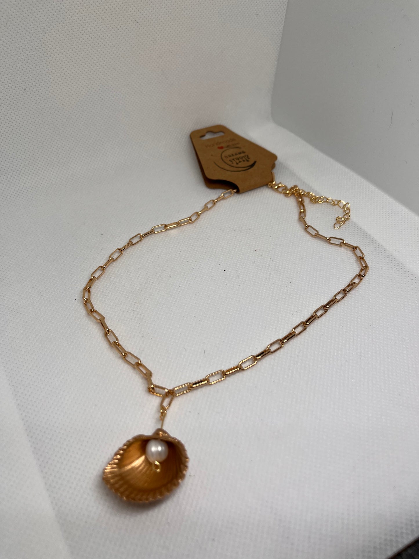 Seashell Serenade: Gold Seashell Paperclip Necklace with Cultured Pearl