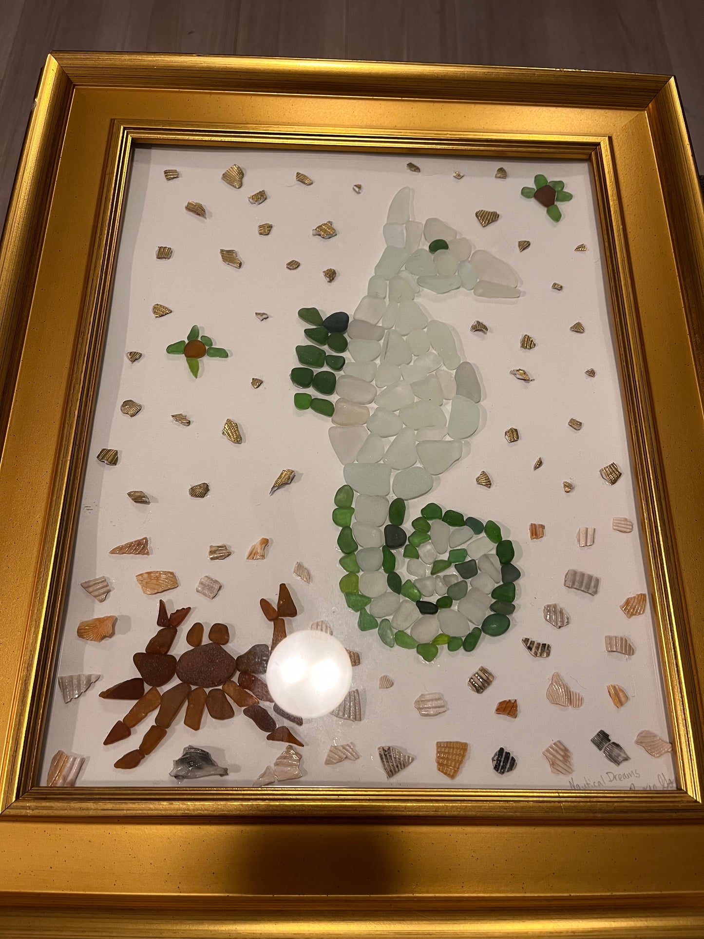 Nautical Dreams: Inspiring Seascape of Sea Glass Seashell Seahorse, Crab, and Sea Turtle Art (11x14 frame)