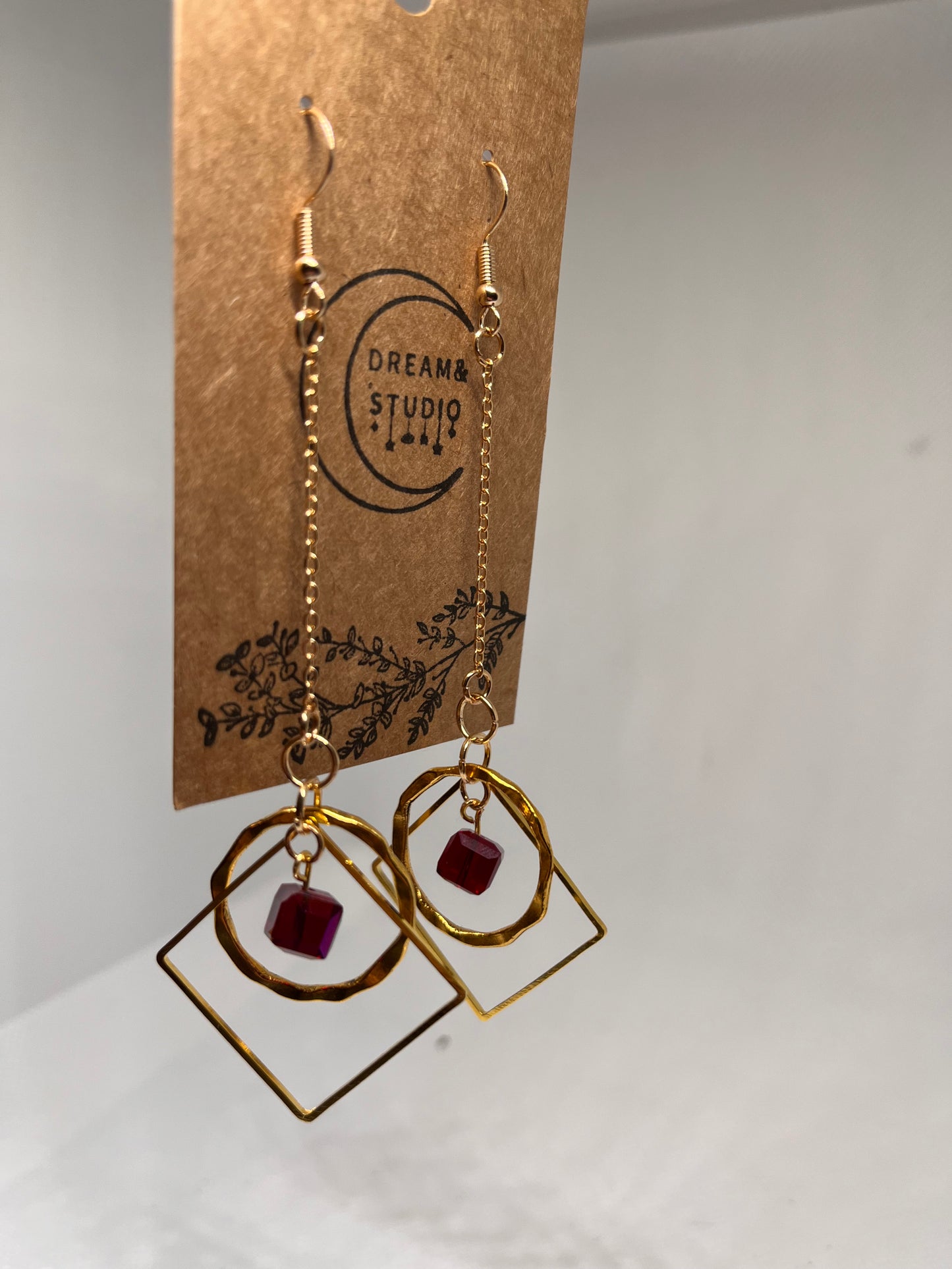 Geometric Gold Hoops with Red Cube Bead Earrings