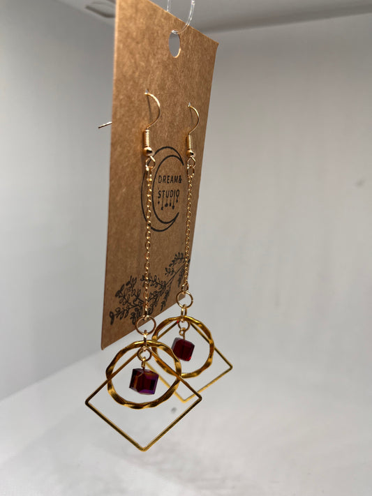 Geometric Gold Hoops with Red Cube Bead Earrings