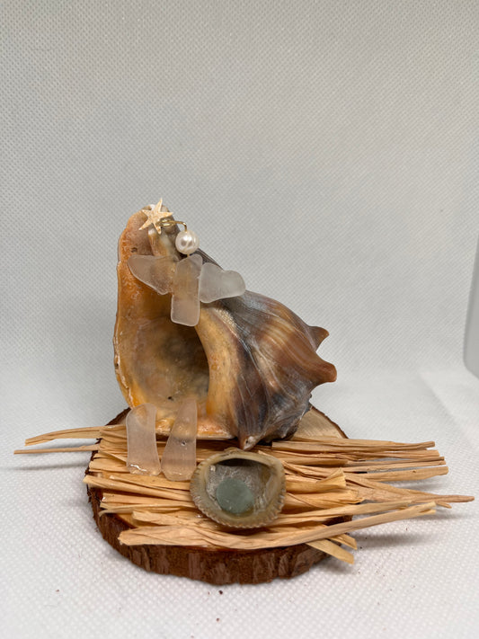 White/Clear Sea Glass Nativity Conch Shell Scene w/ Cultured Pearl Sculpture/Artwork