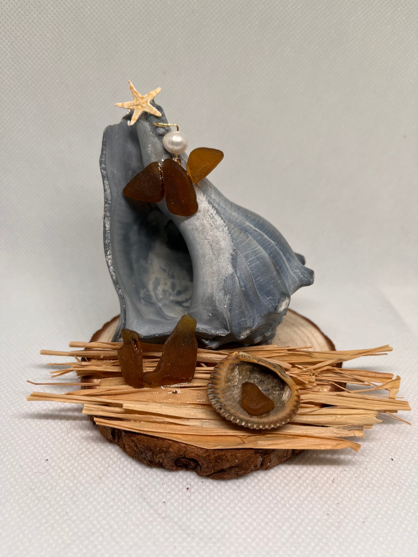 Brown Sea Glass Nativity Conch Shell Scene w/ Cultured Pearl Sculpture/Artwork
