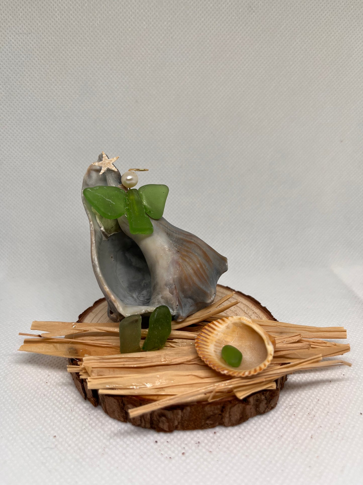 Green Sea Glass Nativity Conch Shell Scene w/ Cultured Pearl Sculpture/Artwork