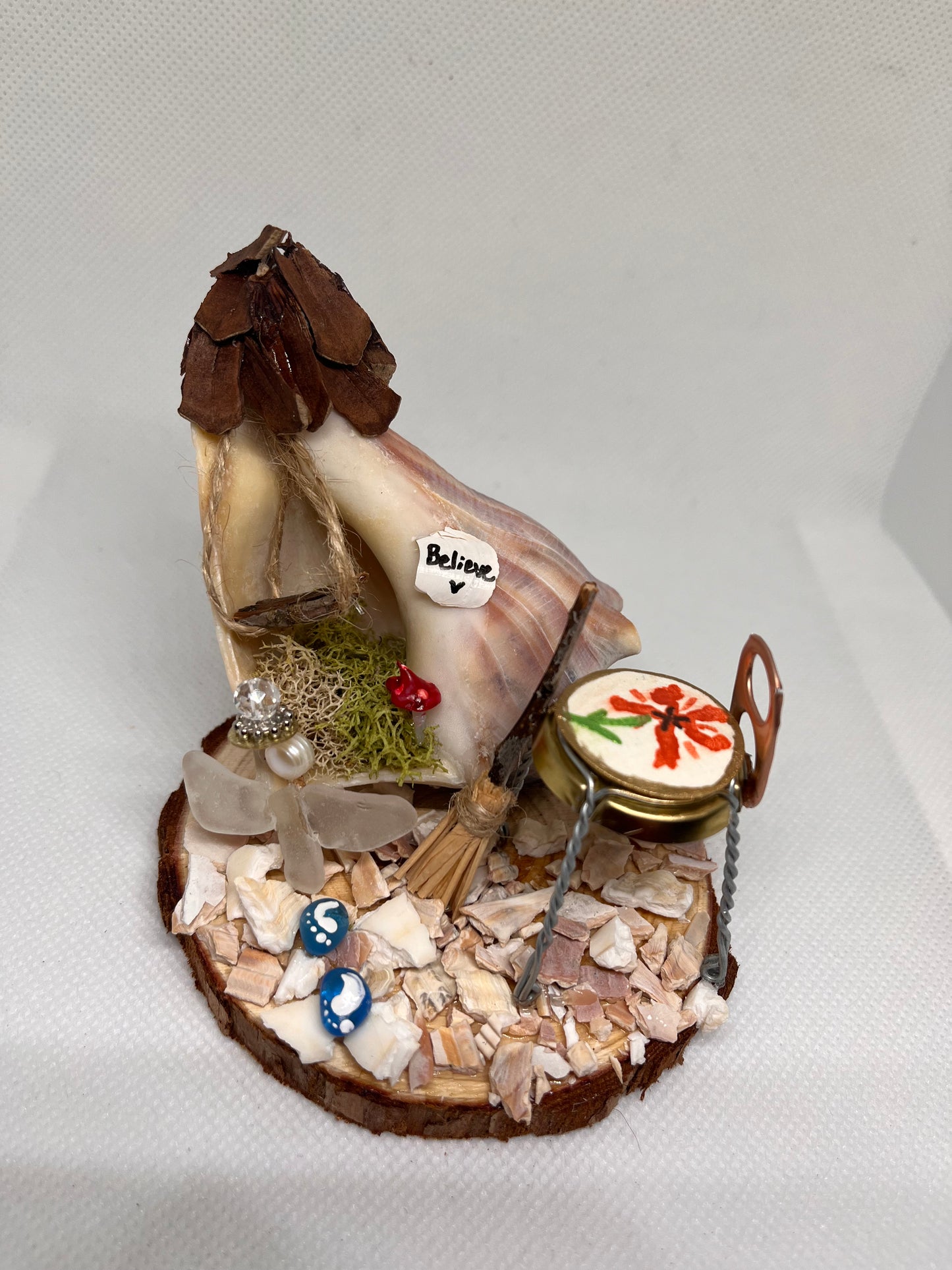 White/Clear Sea Glass Fairy Cottage Conch Shell w/ Cultured Pearl Sculpture/Artwork