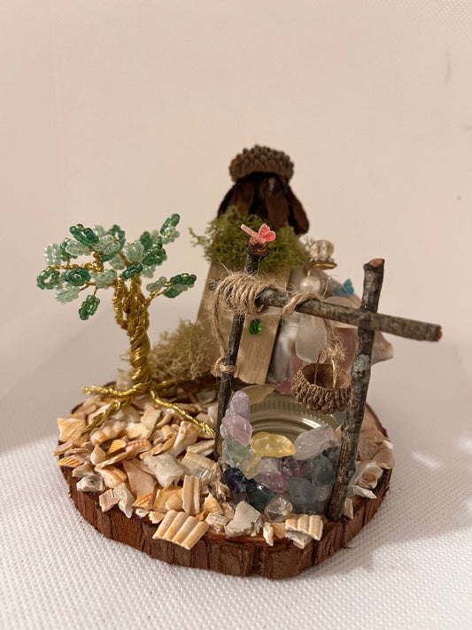 The Wishing Well: White Sea Glass Fairy Cottage Conch Shell w/ Fluorite Wishing Well, Golden Wire and Seed Bead Tree, and Cultured Pearl Sculpture/Artwork