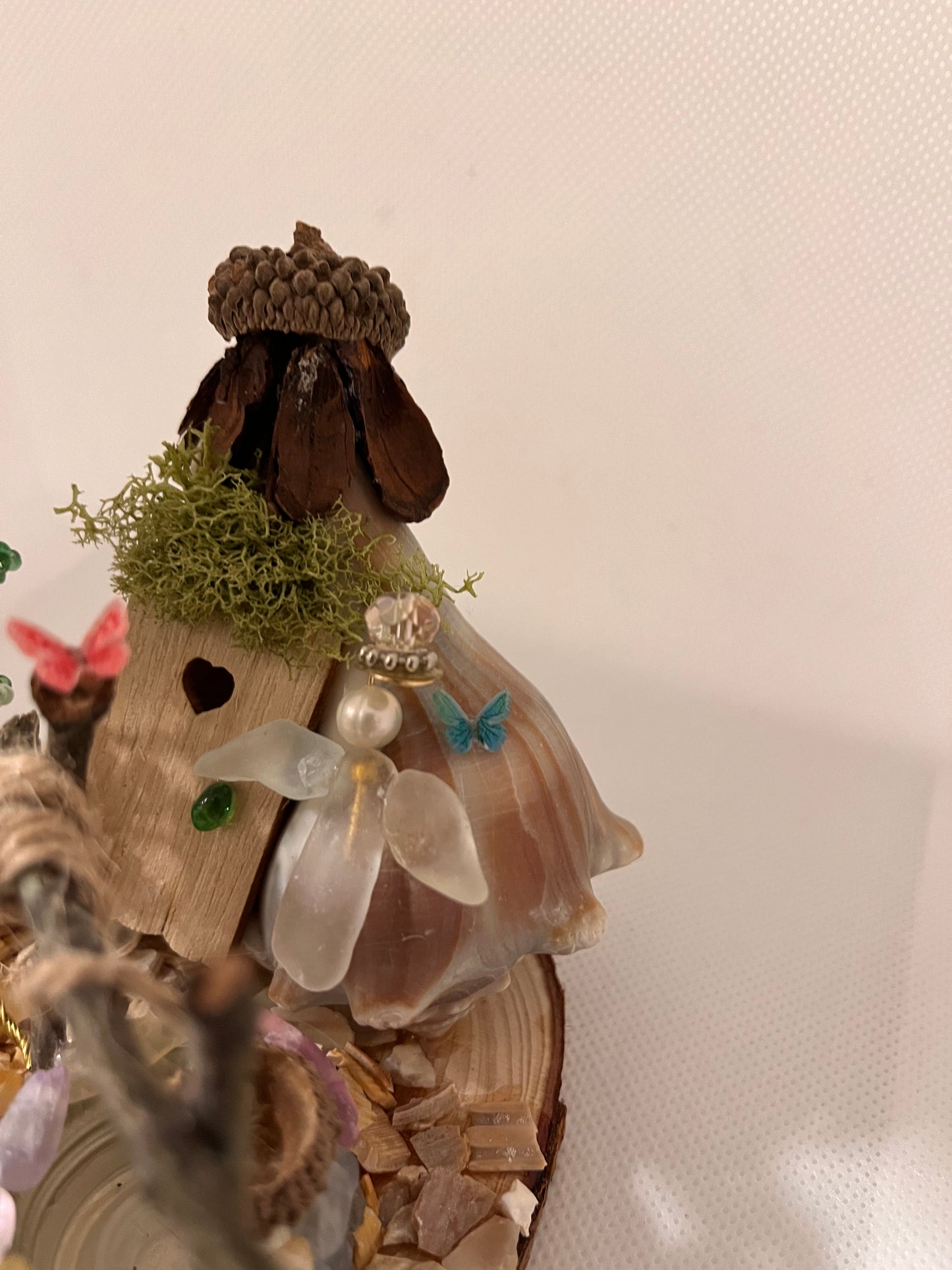 The Wishing Well: White Sea Glass Fairy Cottage Conch Shell w/ Fluorite Wishing Well, Golden Wire and Seed Bead Tree, and Cultured Pearl Sculpture/Artwork