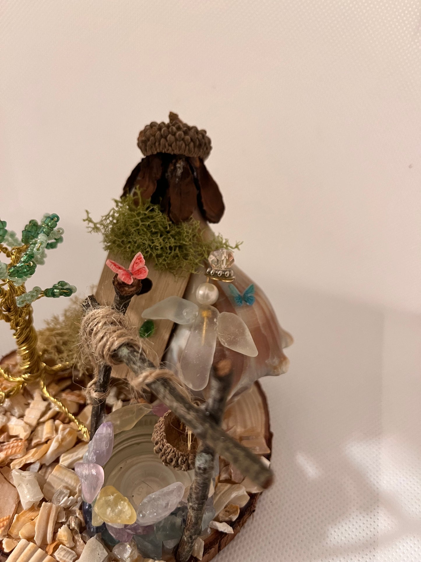 The Wishing Well: White Sea Glass Fairy Cottage Conch Shell w/ Fluorite Wishing Well, Golden Wire and Seed Bead Tree, and Cultured Pearl Sculpture/Artwork