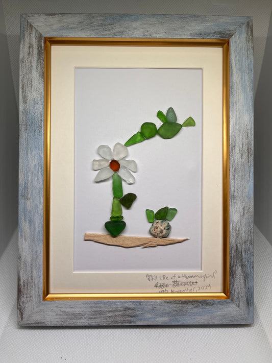 Still Life of a Hummingbird: Captivating Sea Glass & Seashell Art (5x7 frame)