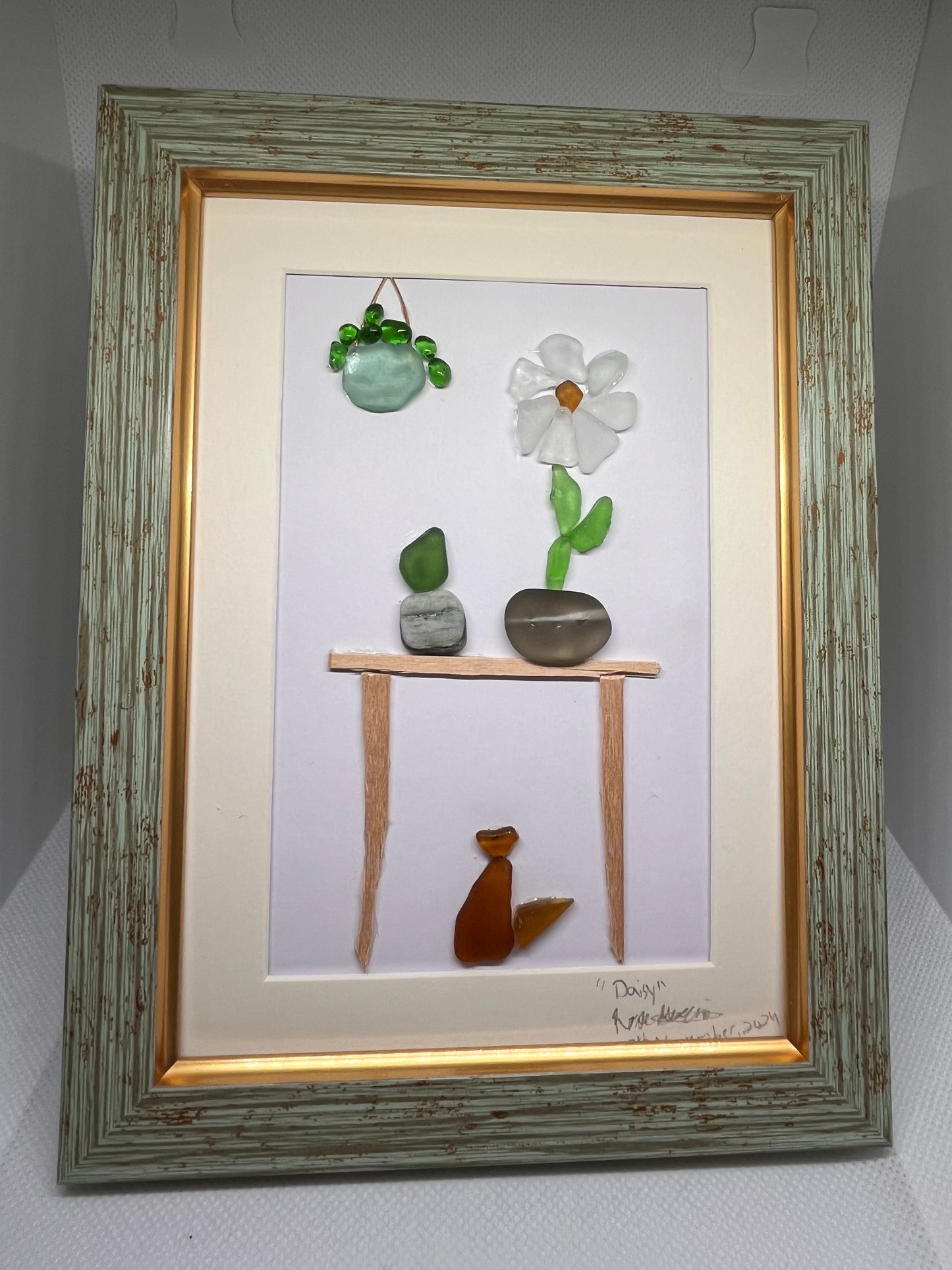 Daisy: Captivating Sea Glass & Seashell Cat and Plant Art (5x7 frame)