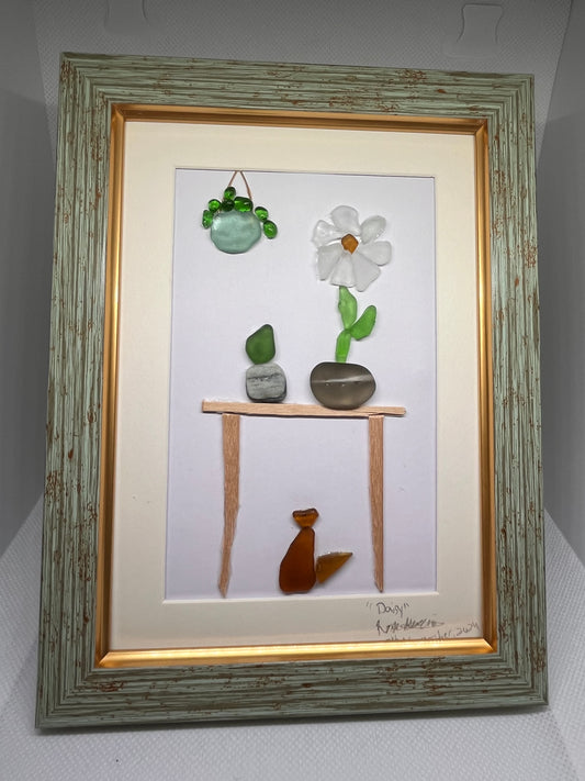 Daisy: Captivating Sea Glass & Seashell Cat and Plant Art (5x7 frame)