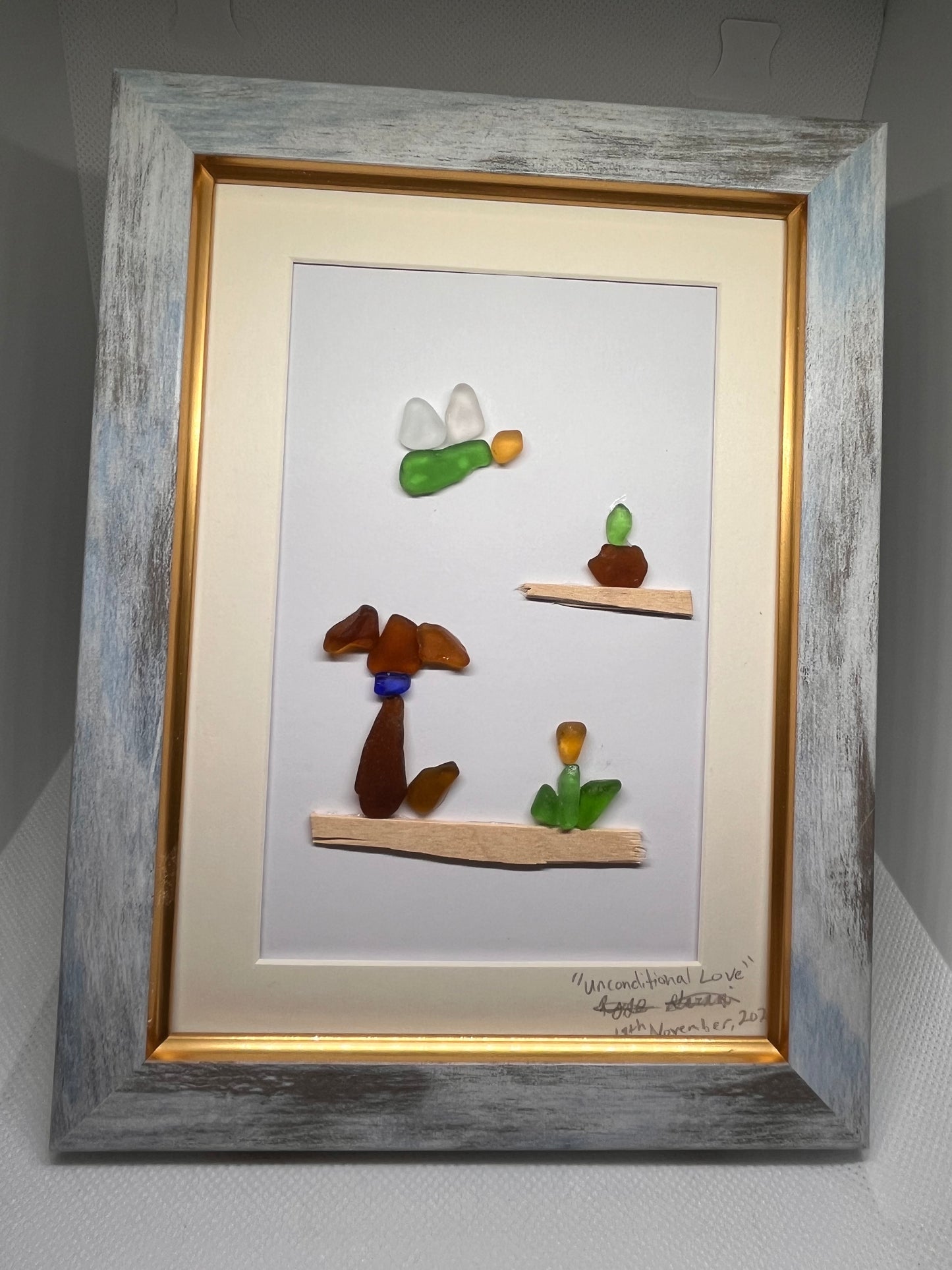 Unconditional Love: Captivating Sea Glass & Seashell Dog and Plant Art (5x7 frame)