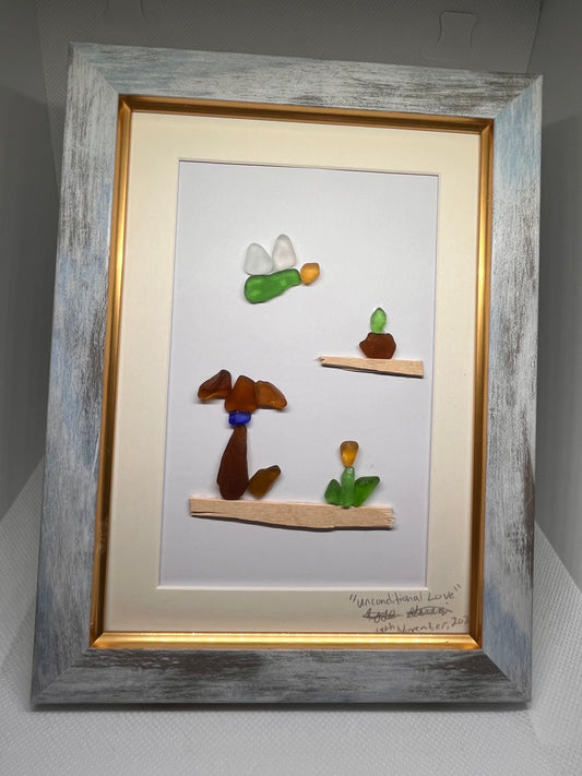 Unconditional Love: Captivating Sea Glass & Seashell Dog and Plant Art (5x7 frame)
