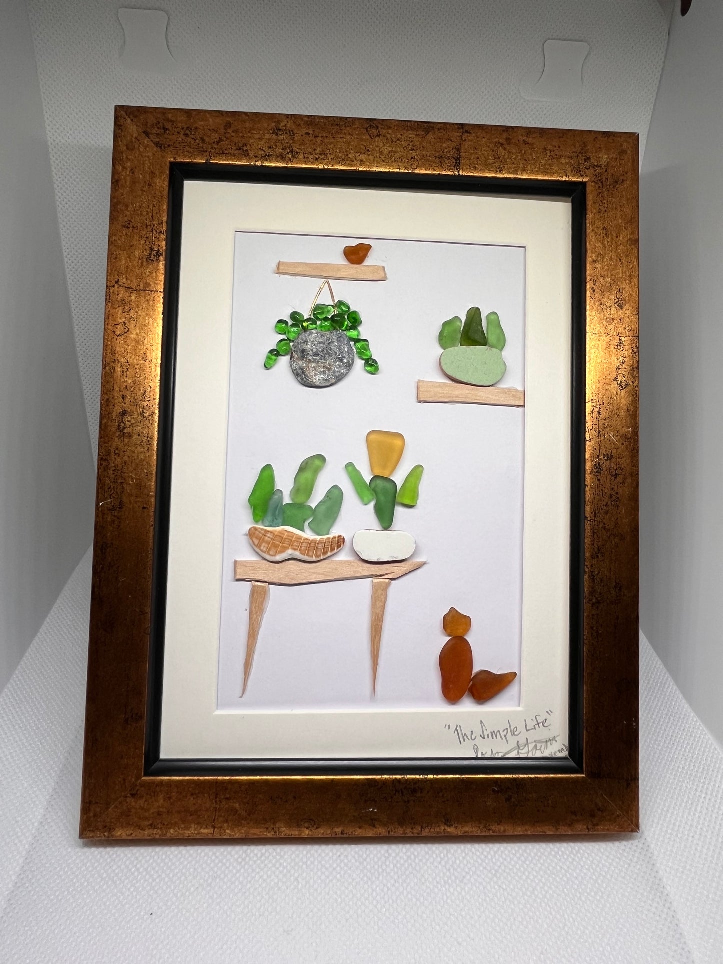 The Simple Life: Captivating Sea Glass & Seashell Cat and Plant Art (5x7 frame)