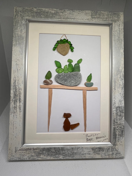 Plant Life: Captivating Sea Glass & Seashell Cat and Plant Art (5x7 frame)