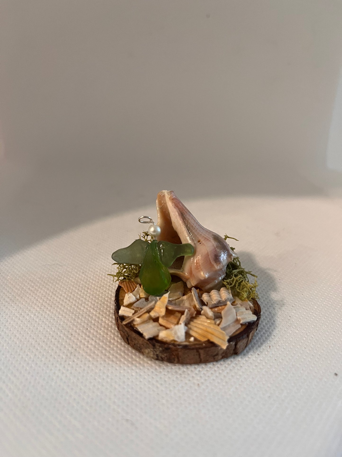 Mini Green Sea Glass Fairy Cottage Conch Shell w/ Pearl Bead Sculpture/Artwork