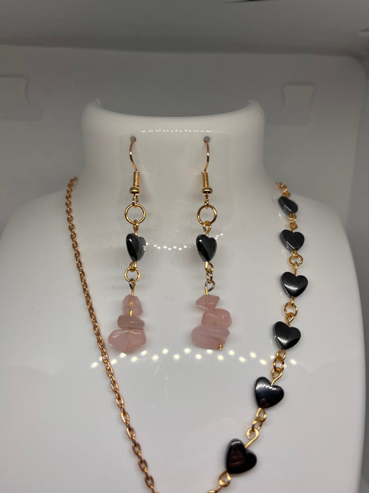 In Love: Rose Quartz and Heart-Shaped Hematite Stone Beaded Earrings