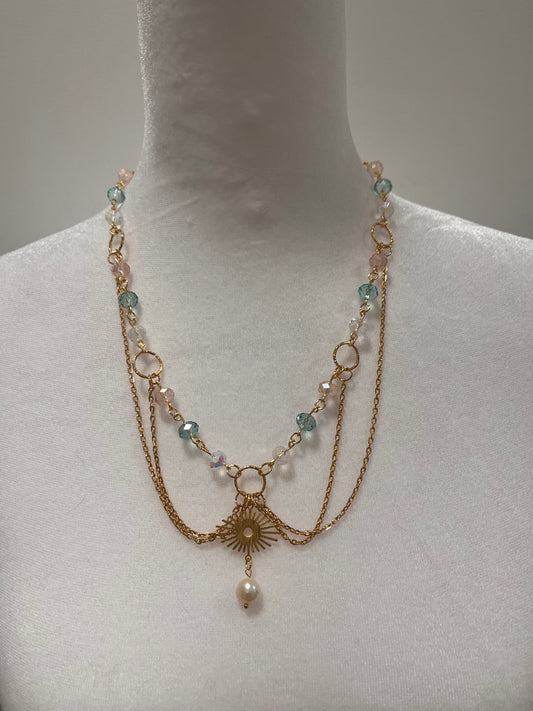 Sun or Moon Fairycore Layered Pink Blue and White Sparkling Beads and White Cultured Pearl Necklace