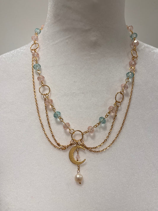 Sun or Moon Fairycore Layered Pink and Blue Sparkling Beads and White Cultured Pearl Necklace