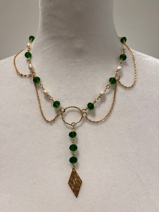 Enchanted Elegance: Geometric Fairycore Layer Green Sparkling Beads and White Cultured Pearls Necklace