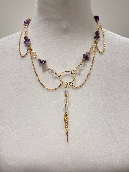 Diagonal or Leaf Fairycore Amethyst Gem Stones and White Sparkling Beads Layered Necklace