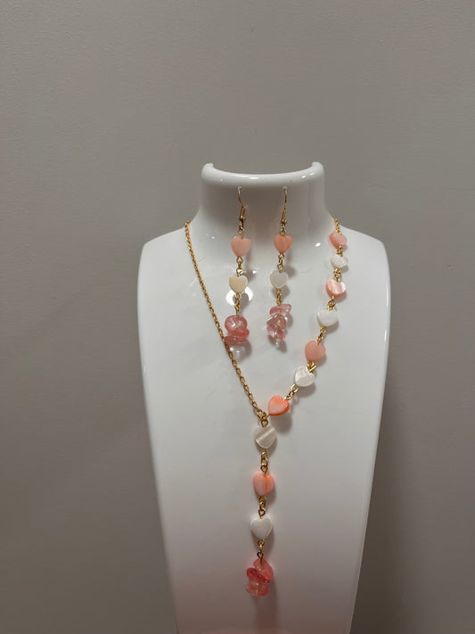 In Love: Watermelon Quartz and Heart-Shaped Pink and White Shell Beaded Necklace