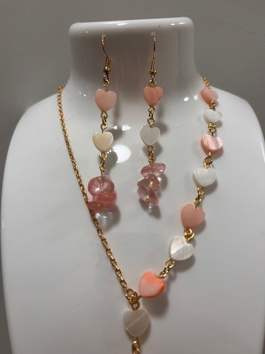 In Love: Watermelon Quartz and Heart-Shaped Pink and White Shell Beaded Earrings