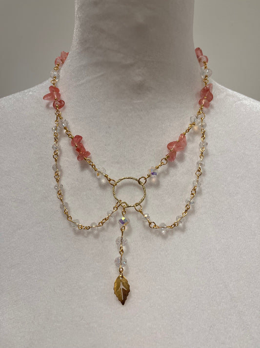 Diagonal or Leaf Fairycore Watermelon Quartz Gem Stones and White Sparkling Beads Layered Necklace