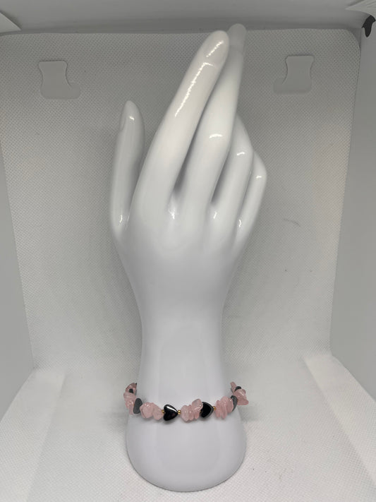 In Love: Rose Quartz and Heart-Shaped Hematite Stone Beaded Bracelet