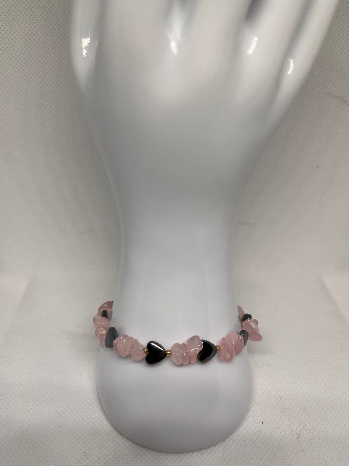 In Love: Rose Quartz and Heart-Shaped Hematite Stone Beaded Bracelet