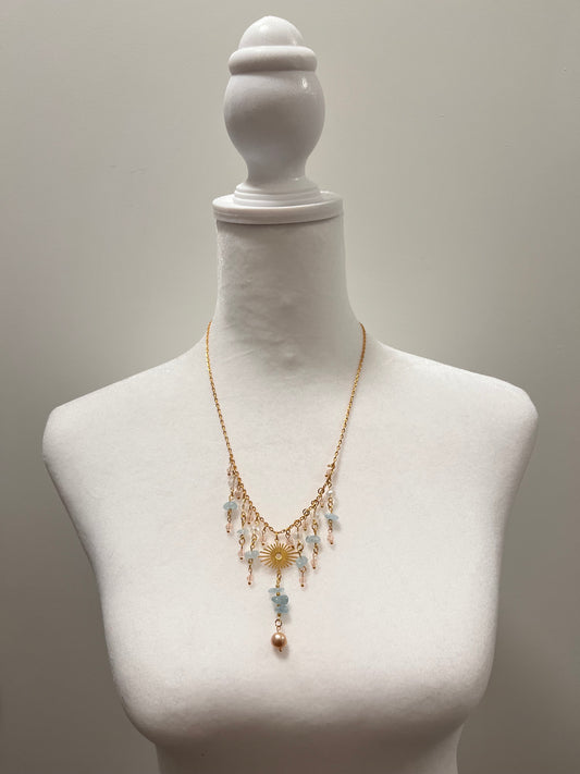 Cultured Pearl, Aquamarine, and Sun Necklace