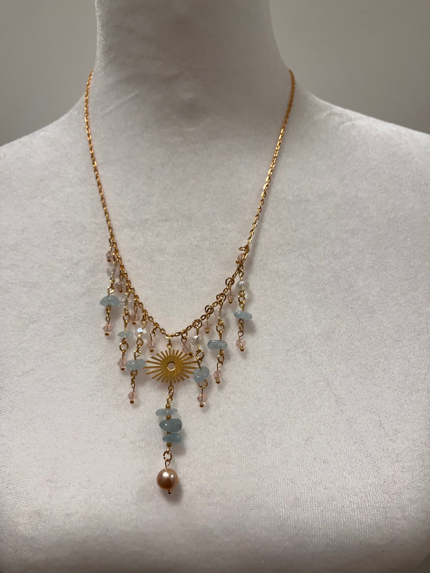 Cultured Pearl, Aquamarine, and Sun Necklace