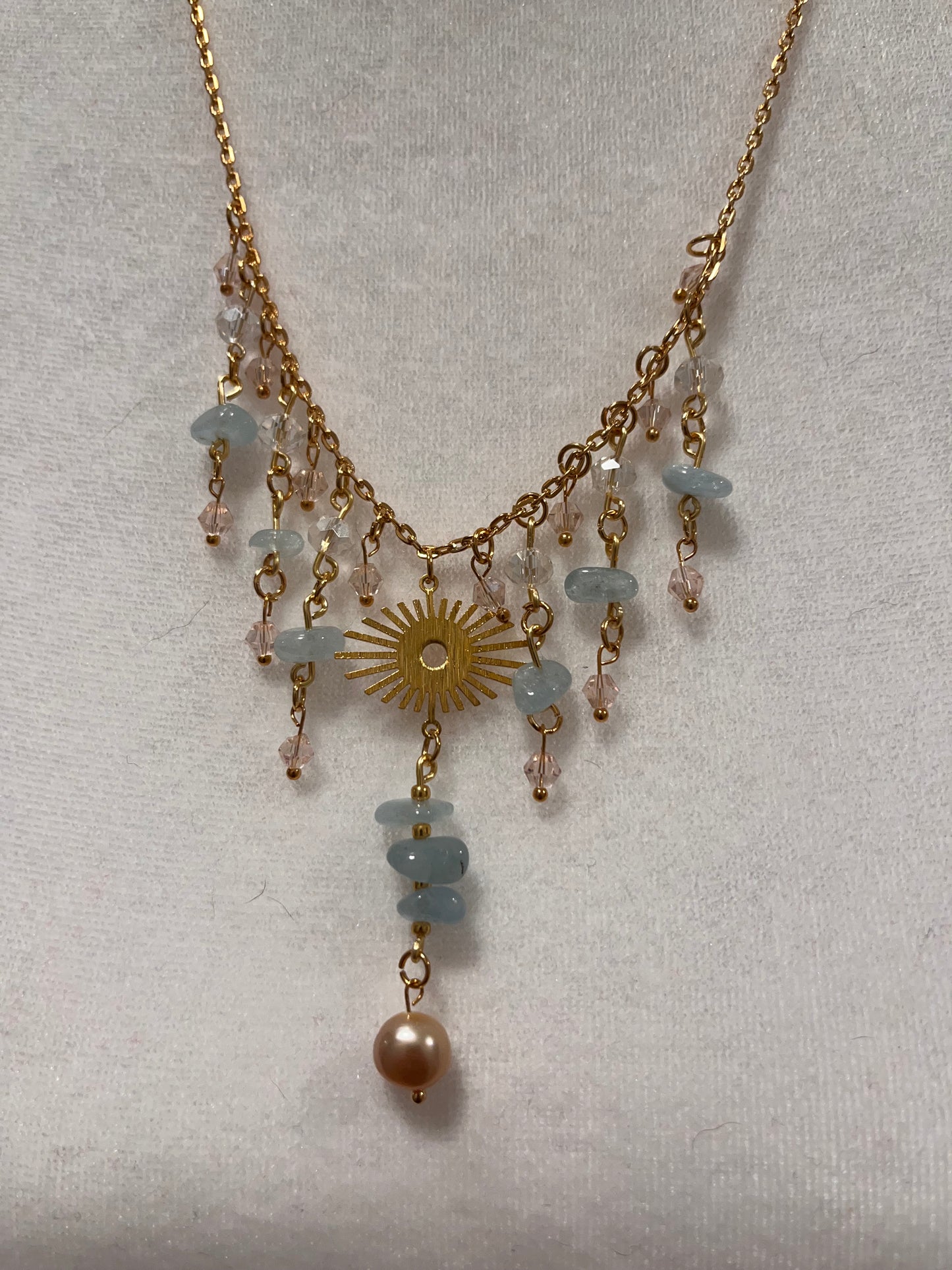 Cultured Pearl, Aquamarine, and Sun Necklace