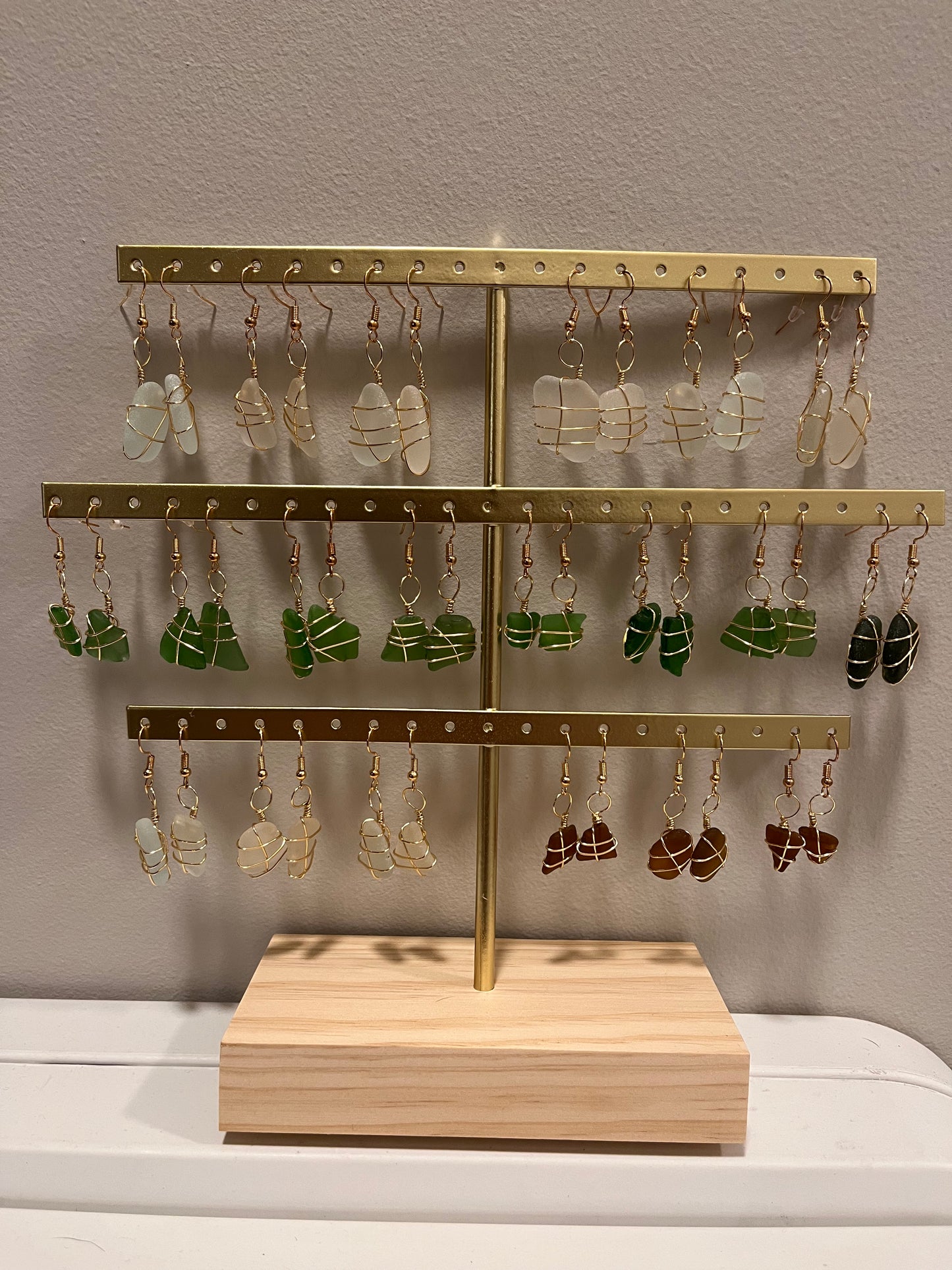 Wire Wrapped Sea Glass Earrings One Pair (Green, Brown, or White)