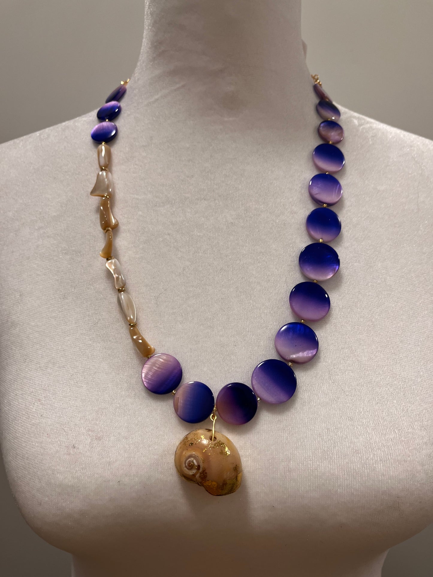 Spiral Shell w/ Gold Foil and Purple Shell Beads Necklace