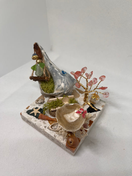 White Sea Glass Fairy Cottage Conch Shell w/ Swing, Bird Bath, and Watermelon Quartz Tree