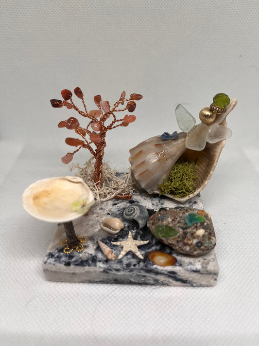 Water Fountain with Carnelian Wire Tree on Tile: White Sea Glass Fairy Cottage Conch Shell