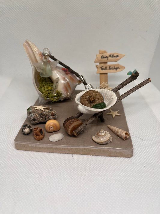 Wheelbarrow on Tile: White Sea Glass Fairy Cottage Conch Shell