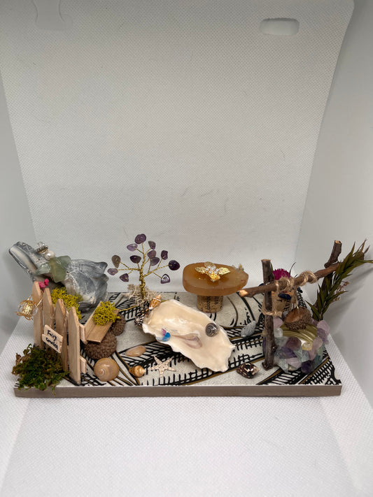 Fairy Garden: White Sea Glass Fairy Cottage Conch Shell w/ Fluorite Wishing Well, Geode Slice Table, Acorn Bench, Fountain Pool, and Amethyst Tree
