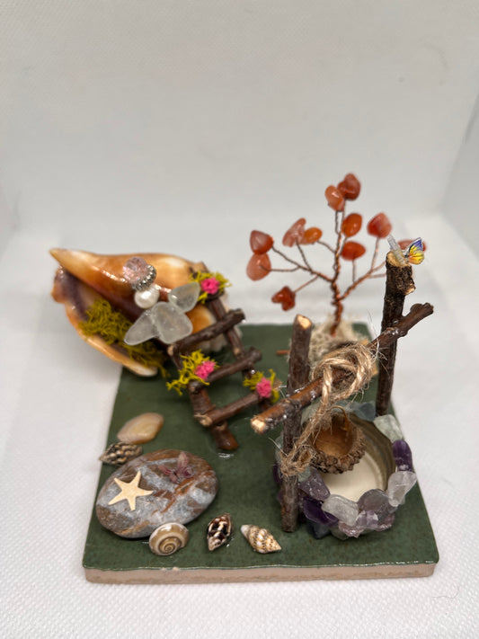 The Wishing Well and Floral Ladder on Tile: White Sea Glass Fairy Cottage Conch Shell w/ Fluorite Wishing Well and Carnelian Tree