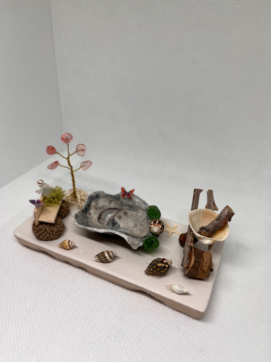 White Sea Glass Fairy Park w/ an Acorn Bench, Wheelbarrow, Fountain, and Watermelon Quartz Tree