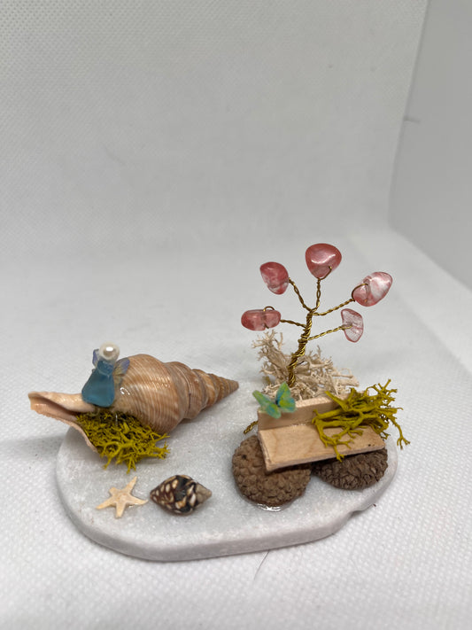 Blue Sea Glass Fairy Cottage Conch Shell w/ Wood and Acorn Bench and Watermelon Quartz Tree on Round White Tile