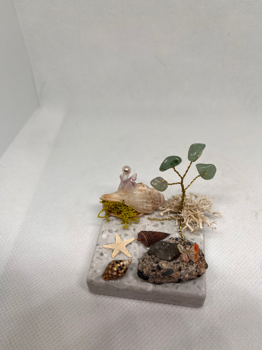 Small White Sea Glass Fairy Cottage Conch Shell w/ Aventurine Tree on Marbled Tile