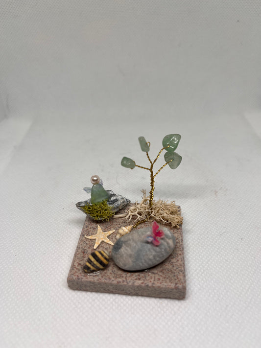 Small Green Sea Glass Fairy Cottage Conch Shell w/ Sea Shell Scene and Aventurine Tree on Marbled Tile