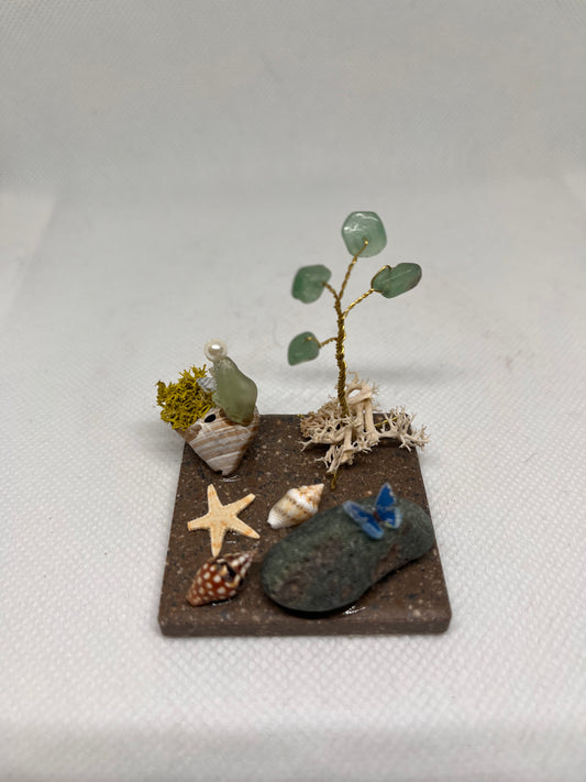Small Green Sea Glass Fairy Cottage Conch Shell w/ Sea Shell Scene and Aventurine Tree on Marbled Tile