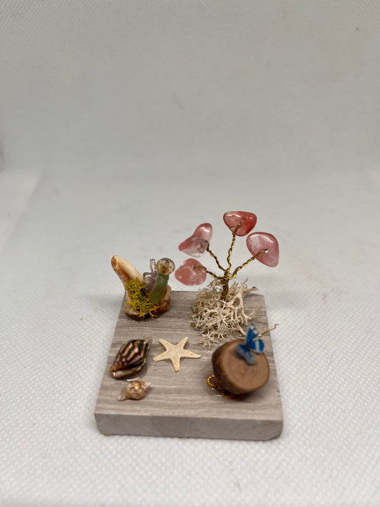 Small Green Sea Glass Fairy Cottage Conch Shell w/ Sea Shell Scene, Wood Slice Table, and Aventurine Tree on Striped Tile