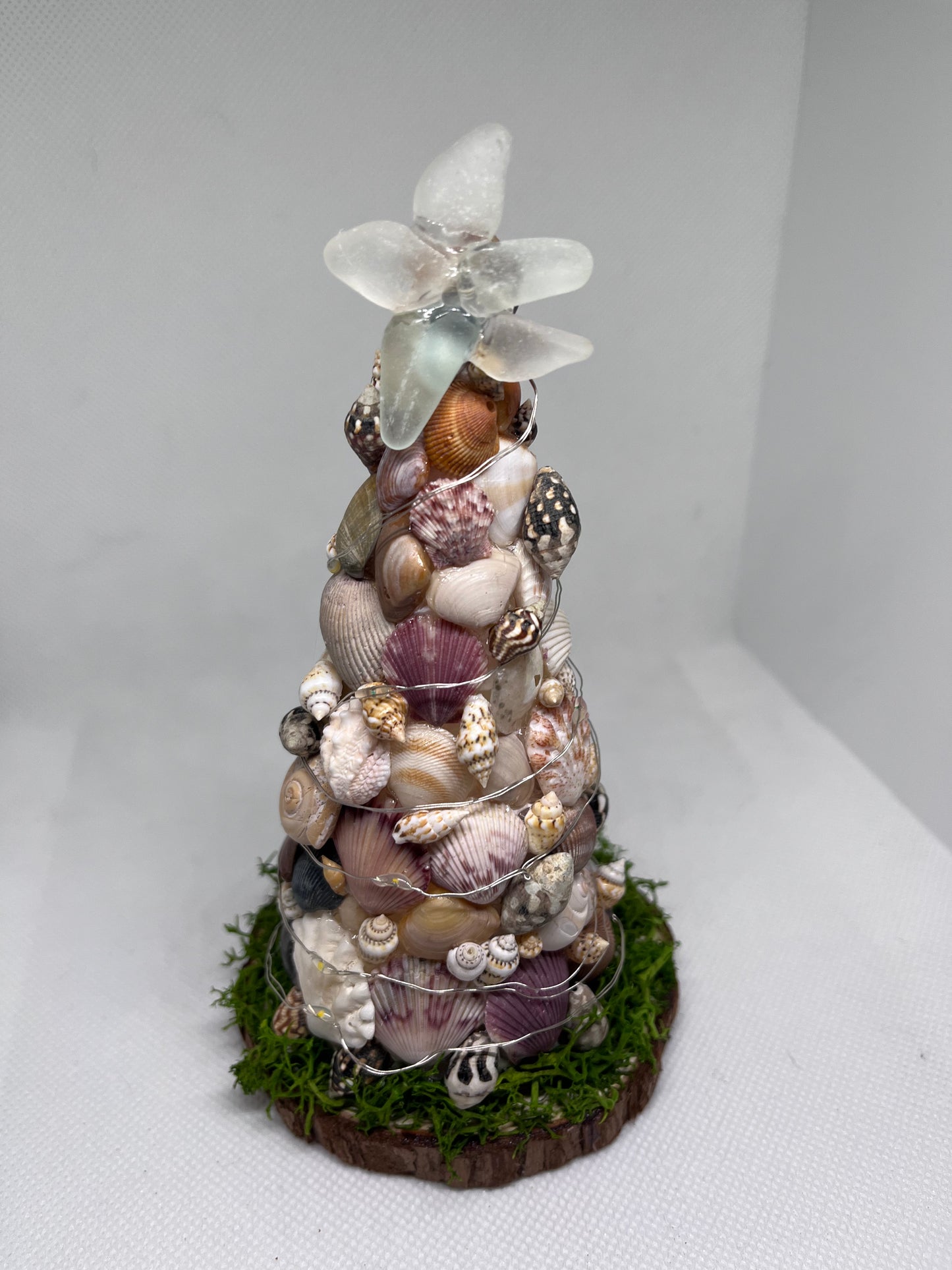 Seashell Christmas Tree w/ Clear Sea Glass Star on Top and LED Lights