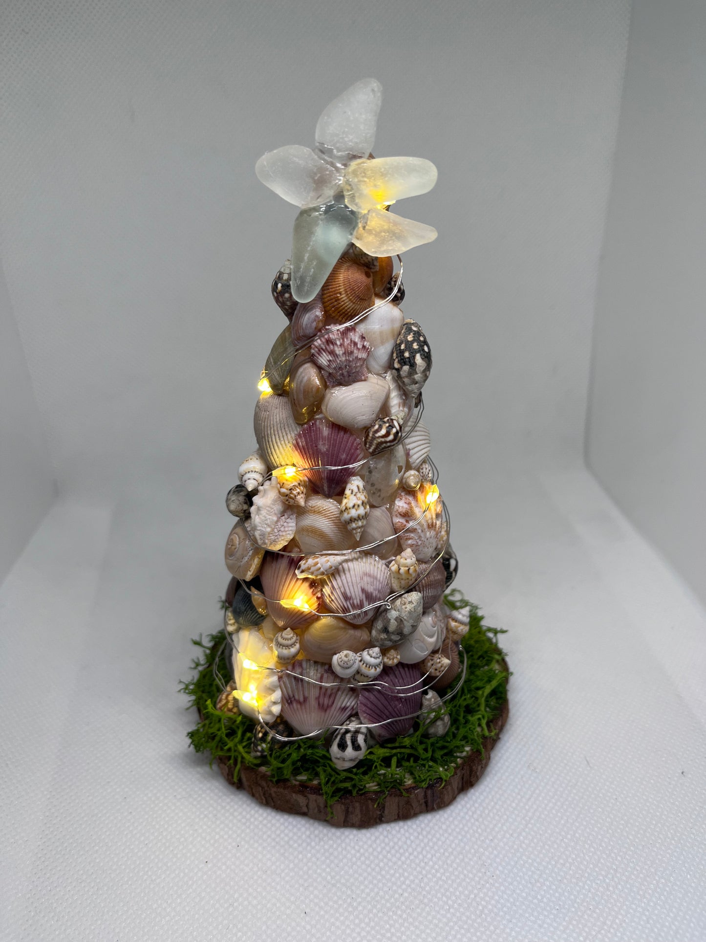 Seashell Christmas Tree w/ Clear Sea Glass Star on Top and LED Lights