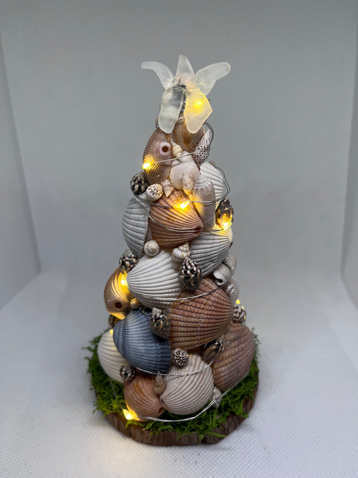 Seashell Christmas Tree w/ Clear Sea Glass Star on Top and LED Lights