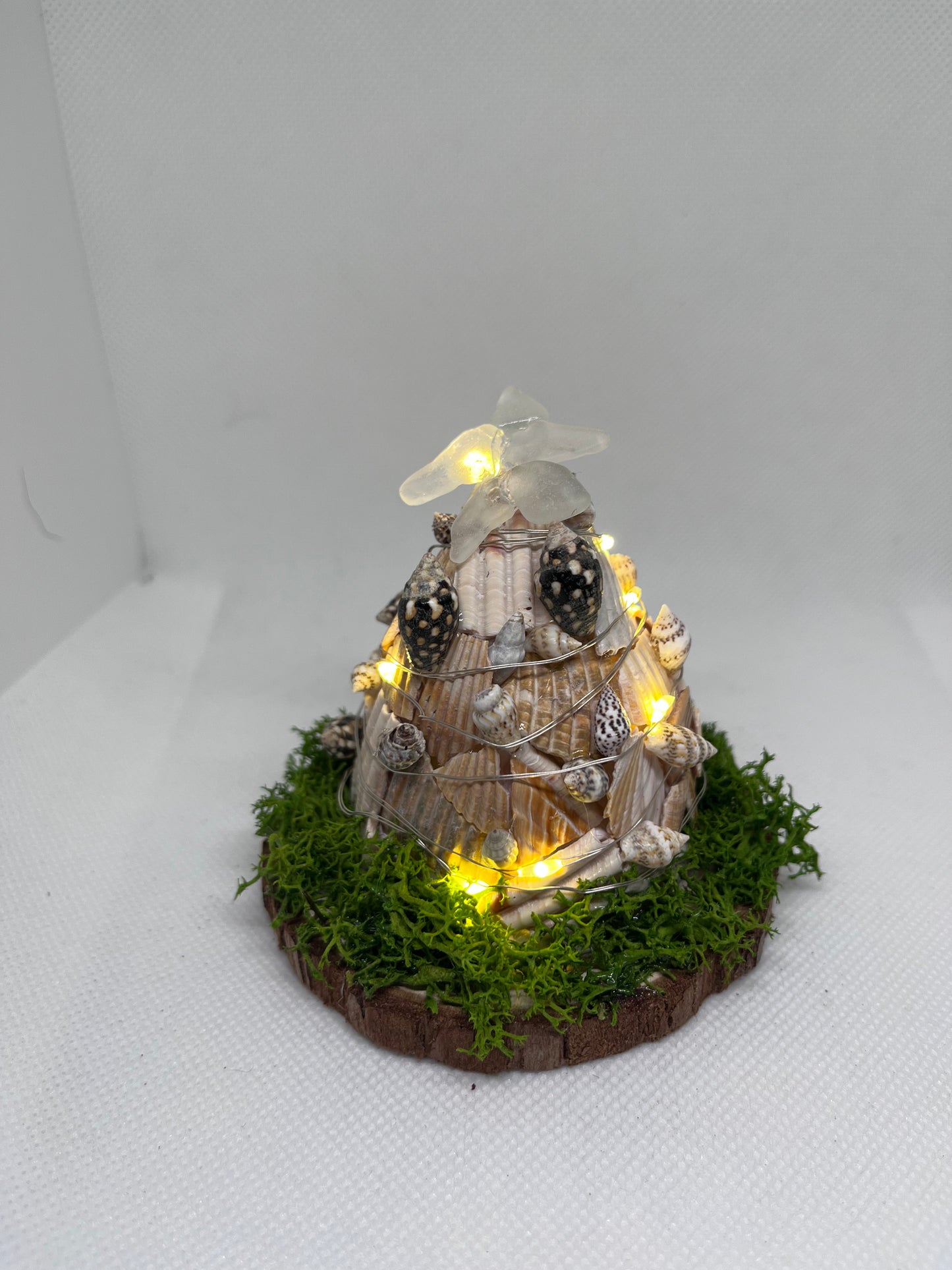 Seashell Christmas Tree w/ Clear Sea Glass Star on Top and LED Lights
